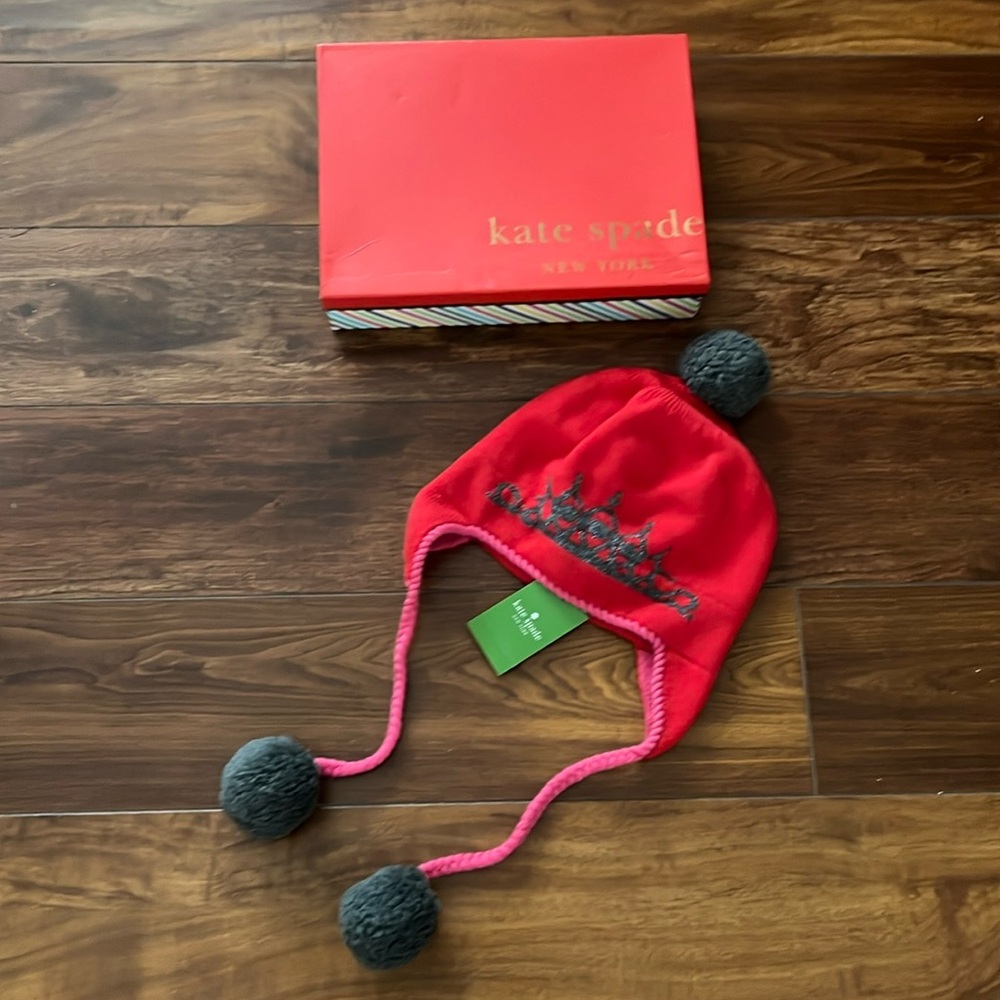 New Kate Spade Big Apple Tiara Ski Hat, Red, Pink, Grey, Pom Poms, New in Box